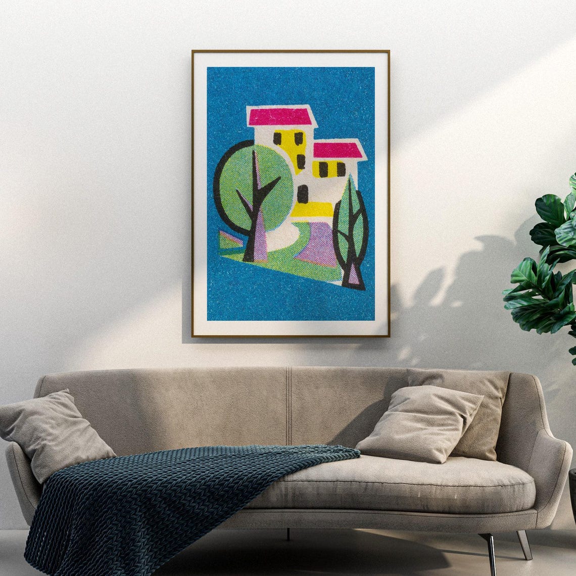Yellow House Red Roofs Tree Blue Vintage Matchbox Art Poster - Image 3