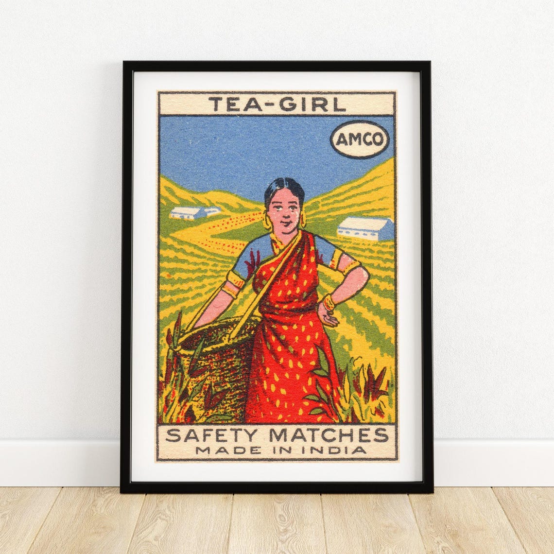 Amco Tea Girl Indian Safety Matches Vintage Tea Plantation Poster