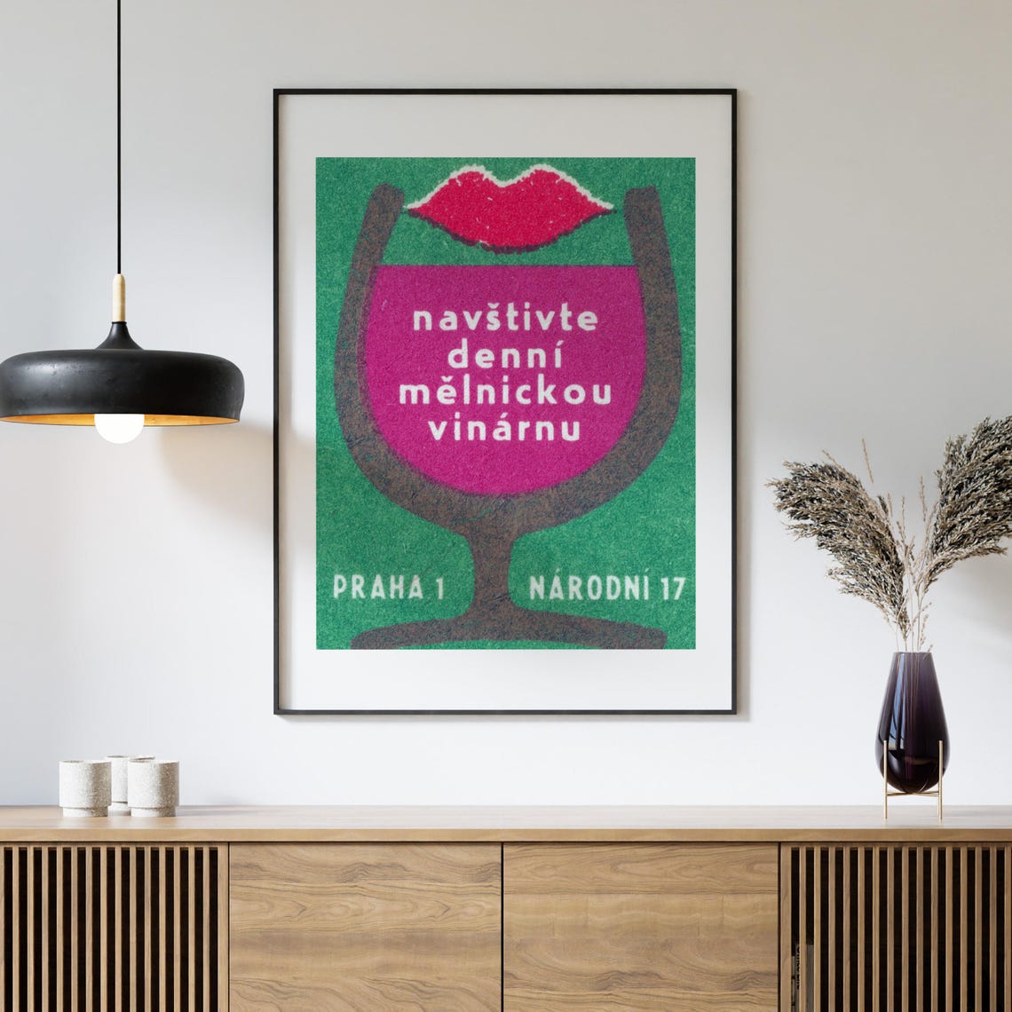 Melnicka Wine Bar Prague Wine Glass Lips Czech Label Art Poster - Image 4