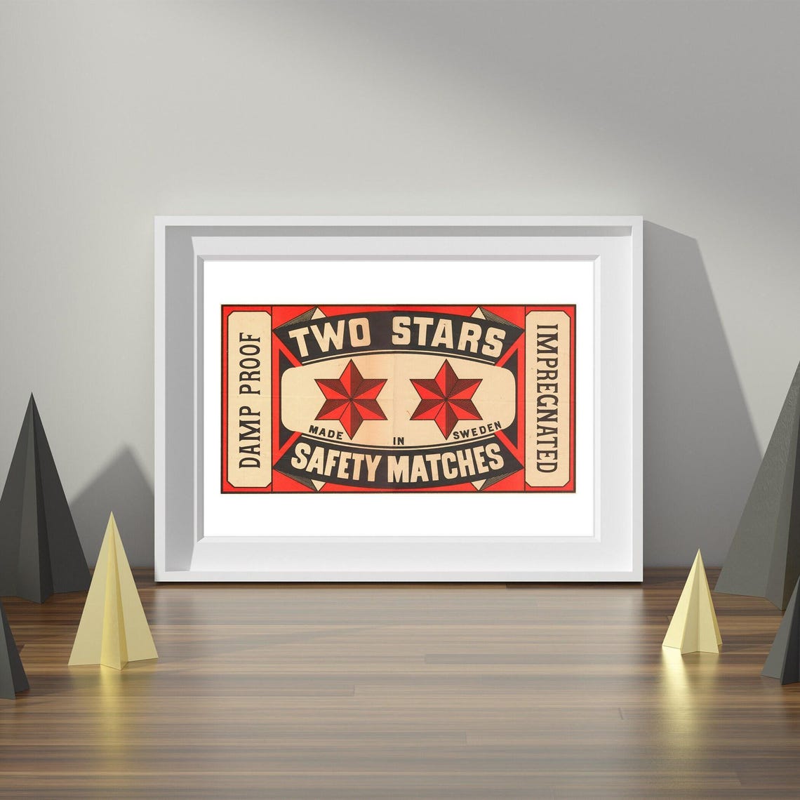 Two Stars Damp Proof Safety Matches Vintage Swedish Label Art Poster - Image 4