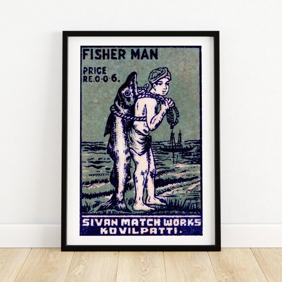 Fisherman Matchbox Print Aesthetic Wall Art Vintage India Art Matchbox Wall Poster Vintage Poster Print