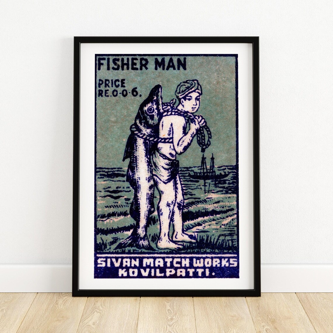 Fisher Man Vintage Indian Safety Matches Fisherman Catch Label Poster