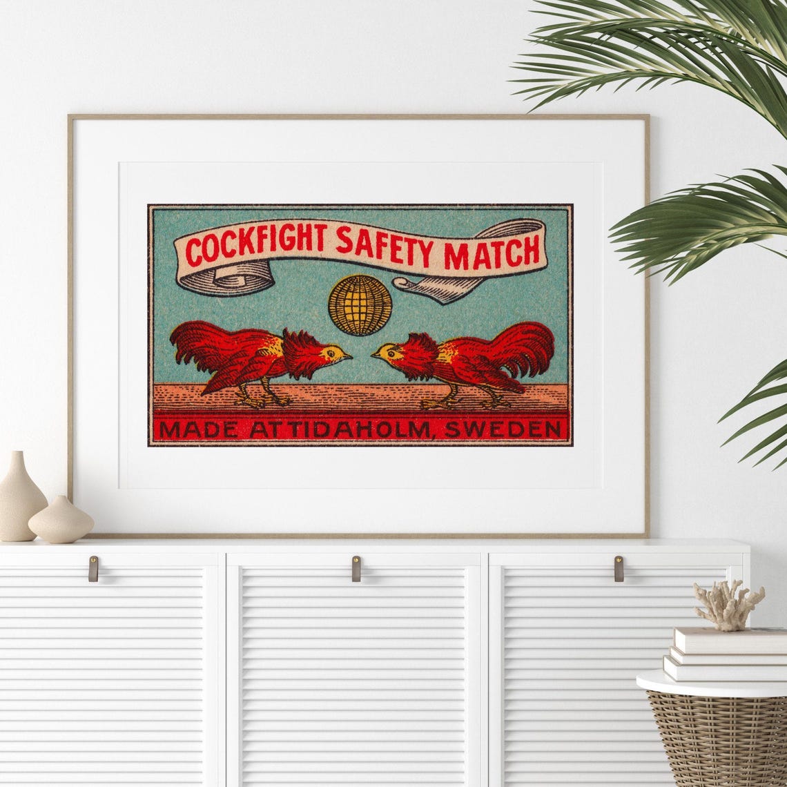 Cockfight Roosters Vintage Swedish Safety Match Label Art Poster - Image 2