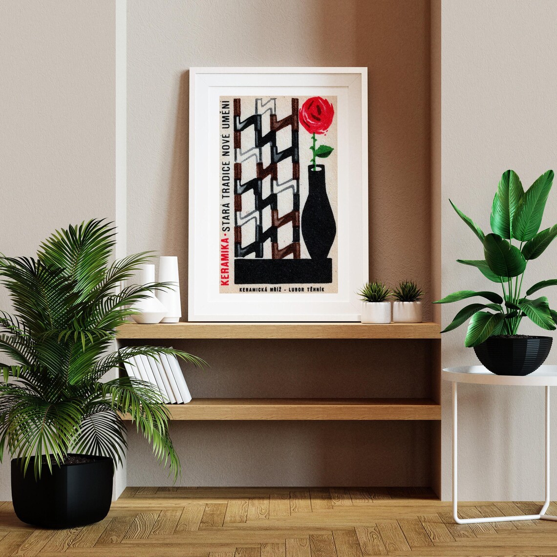 Czech Ceramics Red Rose Black Vase Tile Design Vintage Poster Art - Image 2