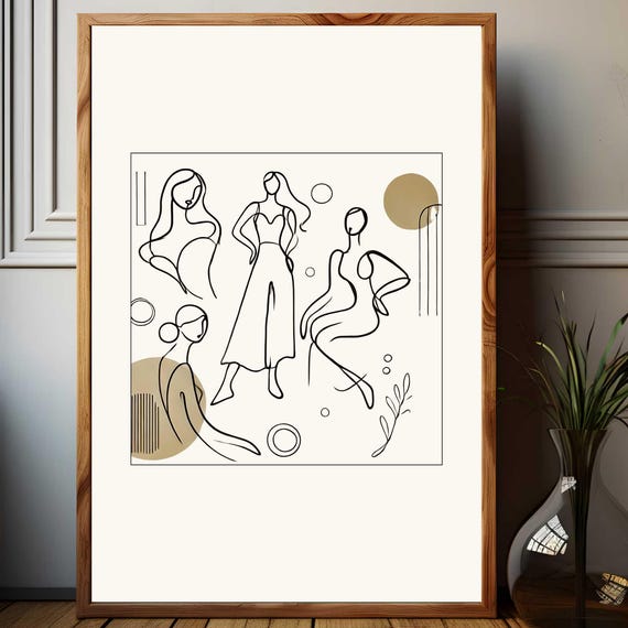 Fashion Woman Line Art Print Minimalist Female Figures Poster In Beige Abstract Outfit Sketch Wall Art Gift For Her