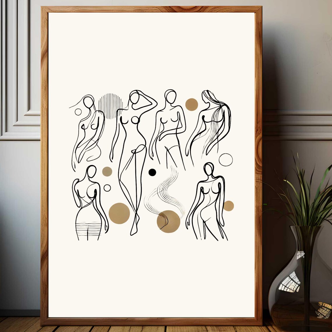 Six Nude Female Figures Minimalist One Line Art With Beige Dots Print