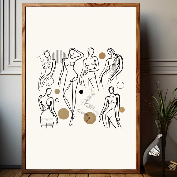 Six Nude Female Figures Minimalist One Line Art With Beige Dots Print