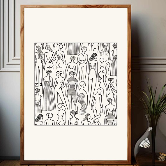 Group Of Standing Women Figures Minimalist Line Art Crowd Print