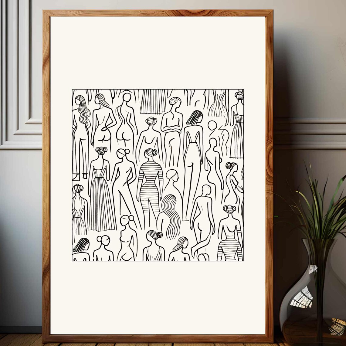 Group Of Standing Women Figures Minimalist Line Art Crowd Print