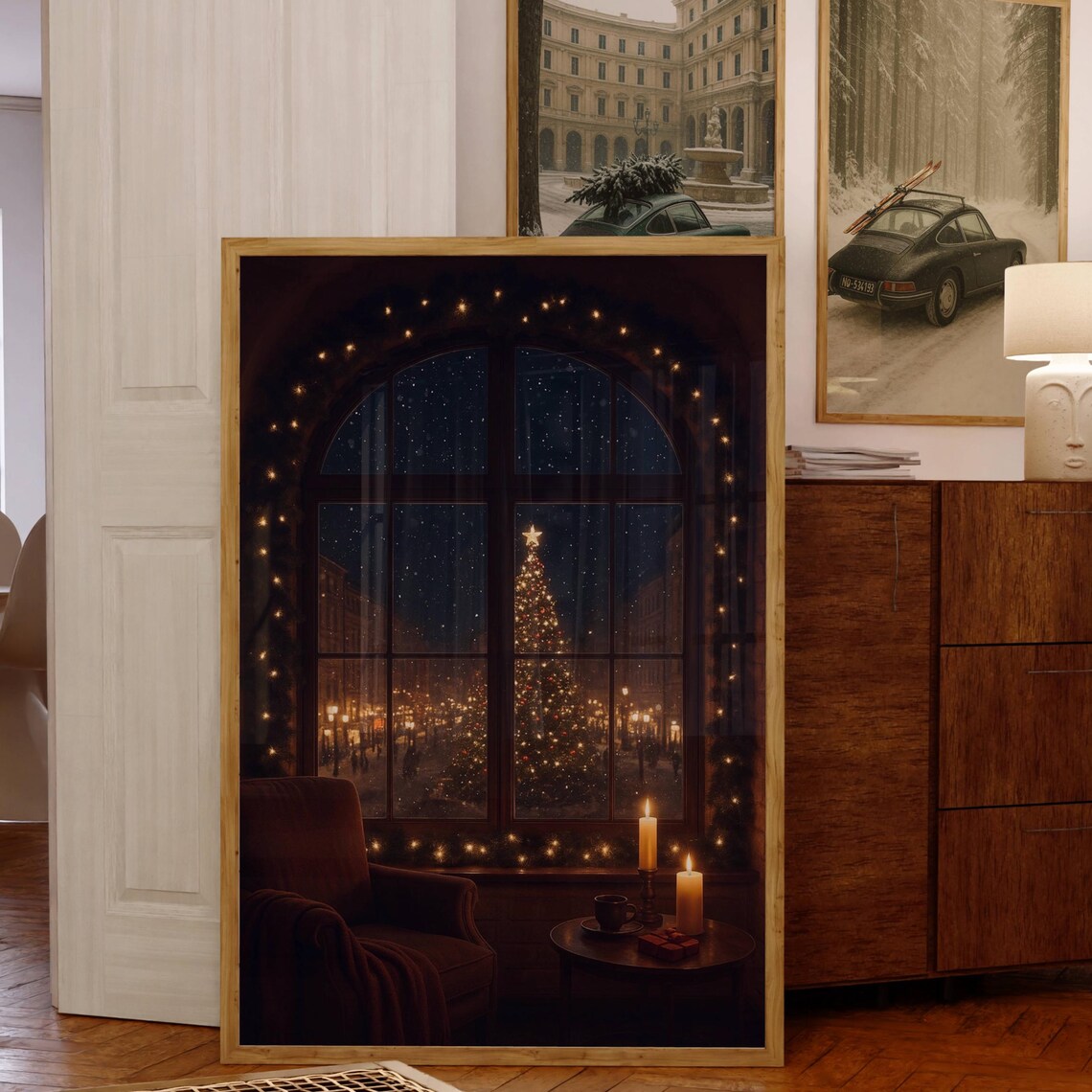 Vintage Christmas Window Front Travel Poster