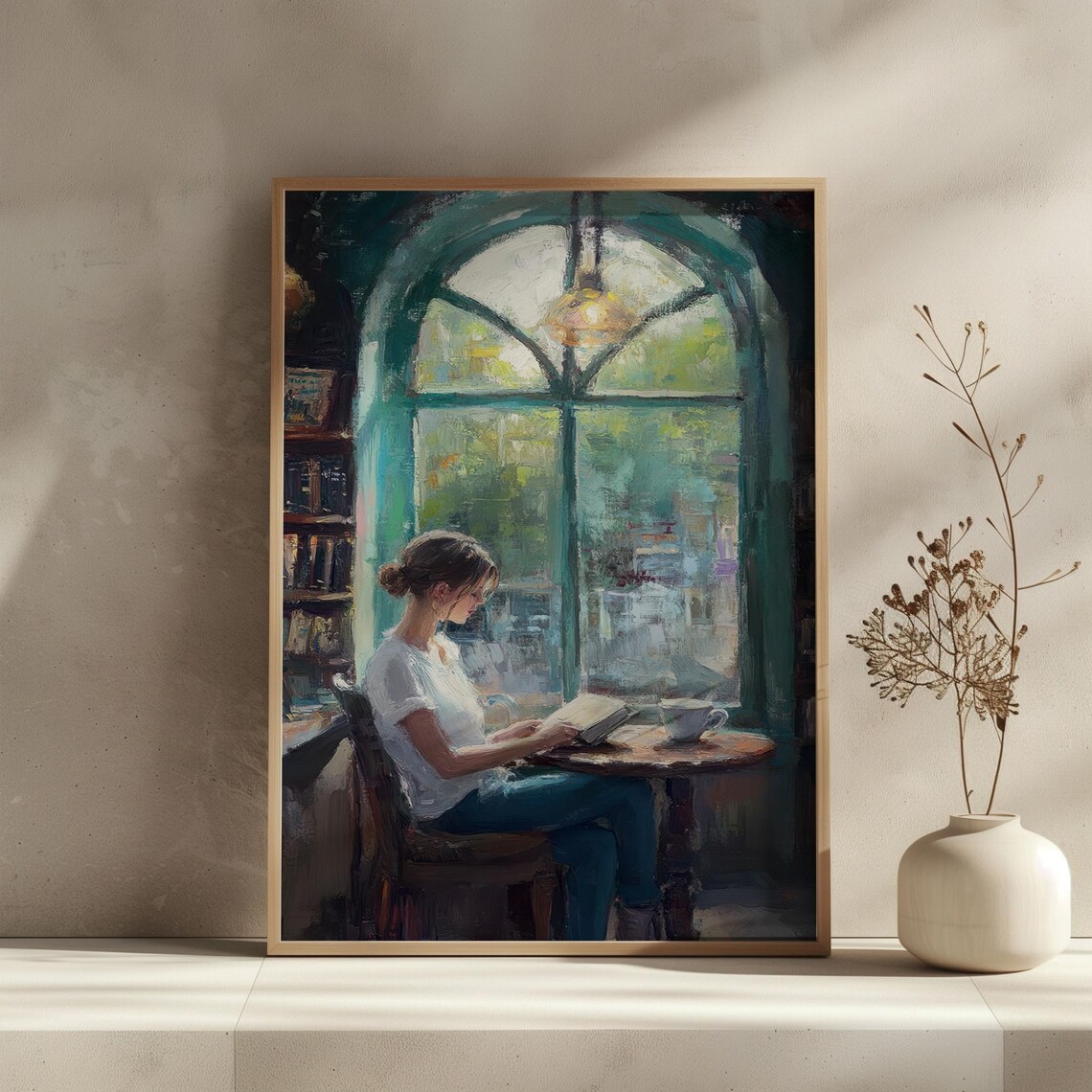 Woman Reading in a Vintage Coffee Shop, Art Print - Image 4