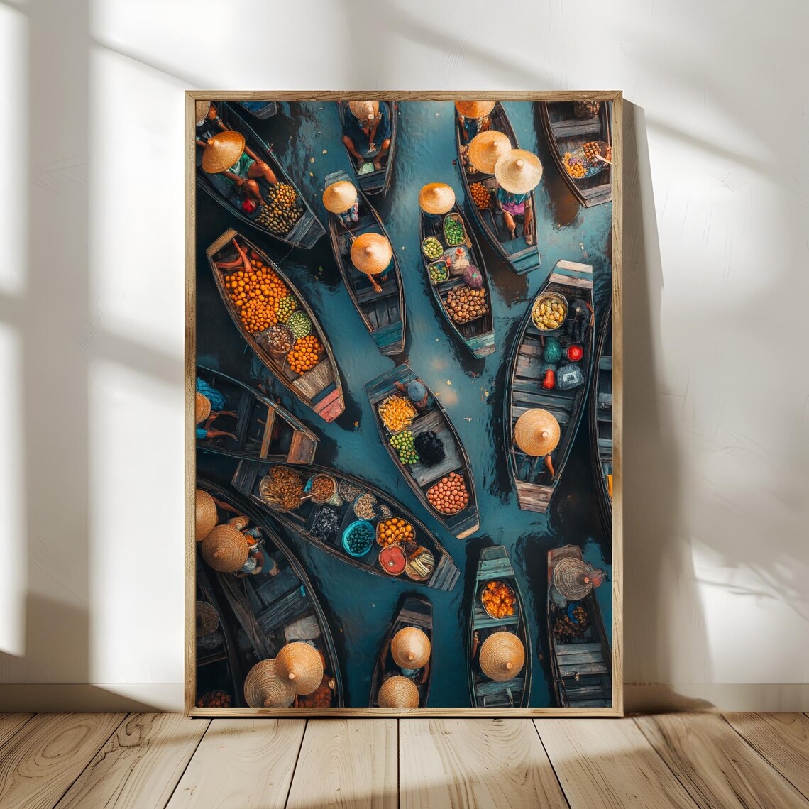Floating Market Boats Aerial Fruit Vendors Asia Travel Poster