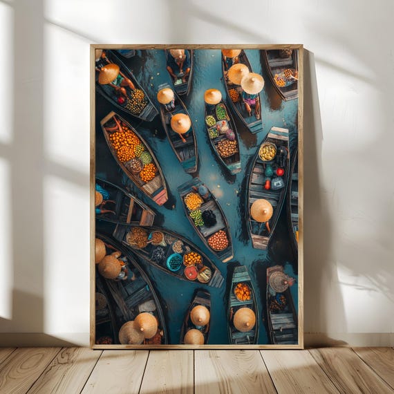 Local Food Night Market Print Moody Tropical Fruit Oil Painting Rustic Wooden Boat Scene Cultural Asian Street Food Dark Academia Poster