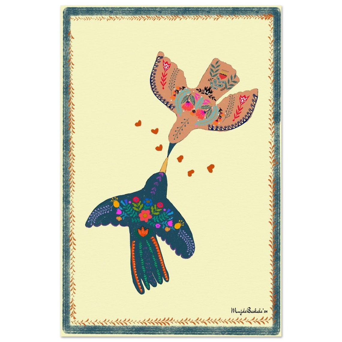 Two Birds Kissing In Floral Pattern Romantic Love Nursery Poster