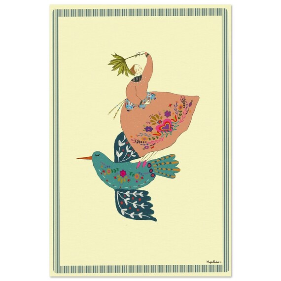 Girl Standing On Giant Flying Bird Fantasy Adventure Nursery Poster