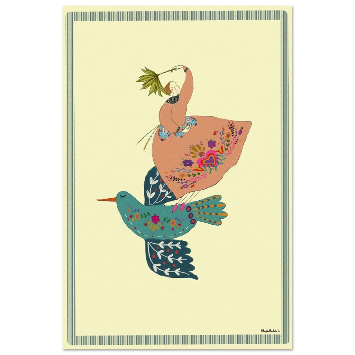 Girl Standing On Giant Flying Bird Fantasy Adventure Nursery Poster