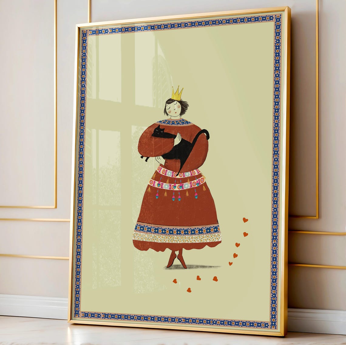 Crown Princess Girl Holding Black Cat Folk Art Nursery Poster - Image 3