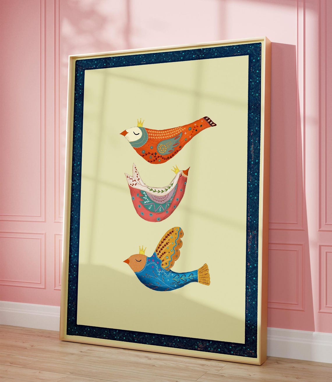 Three Colorful Crowned Birds Vertical Trio Folk Nursery Poster - Image 2