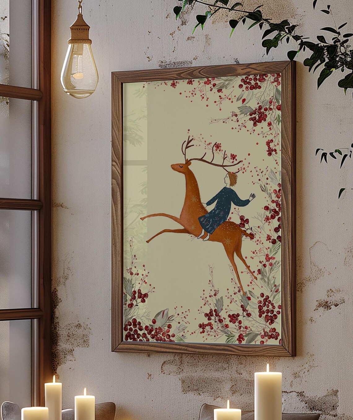 Girl Riding Leaping Christmas Reindeer Among Red Berries Holiday Poster