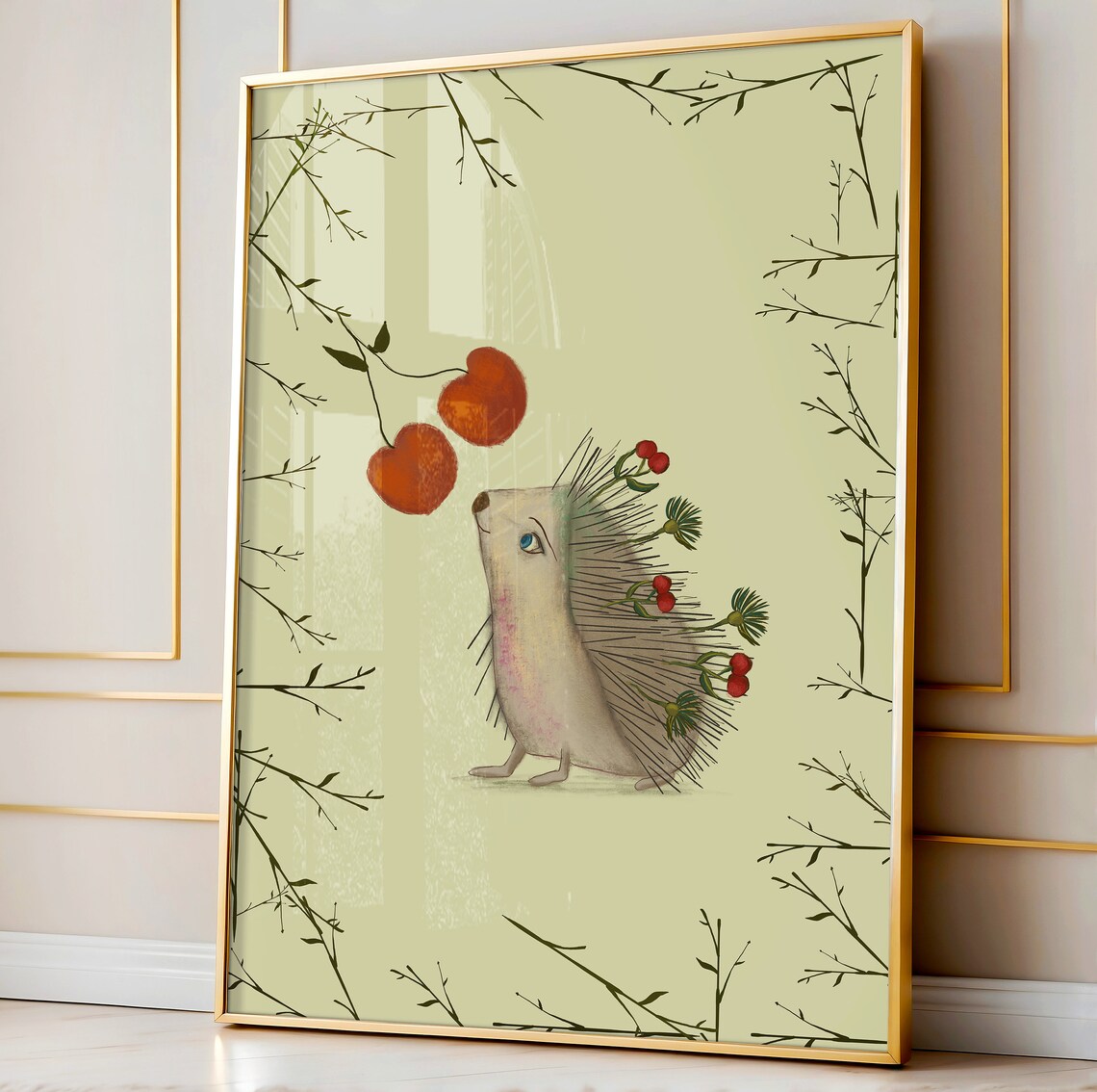 Cute Hedgehog Print With Leaf And Cherry Details Nursery Wall Art Wall Decor - Image 3