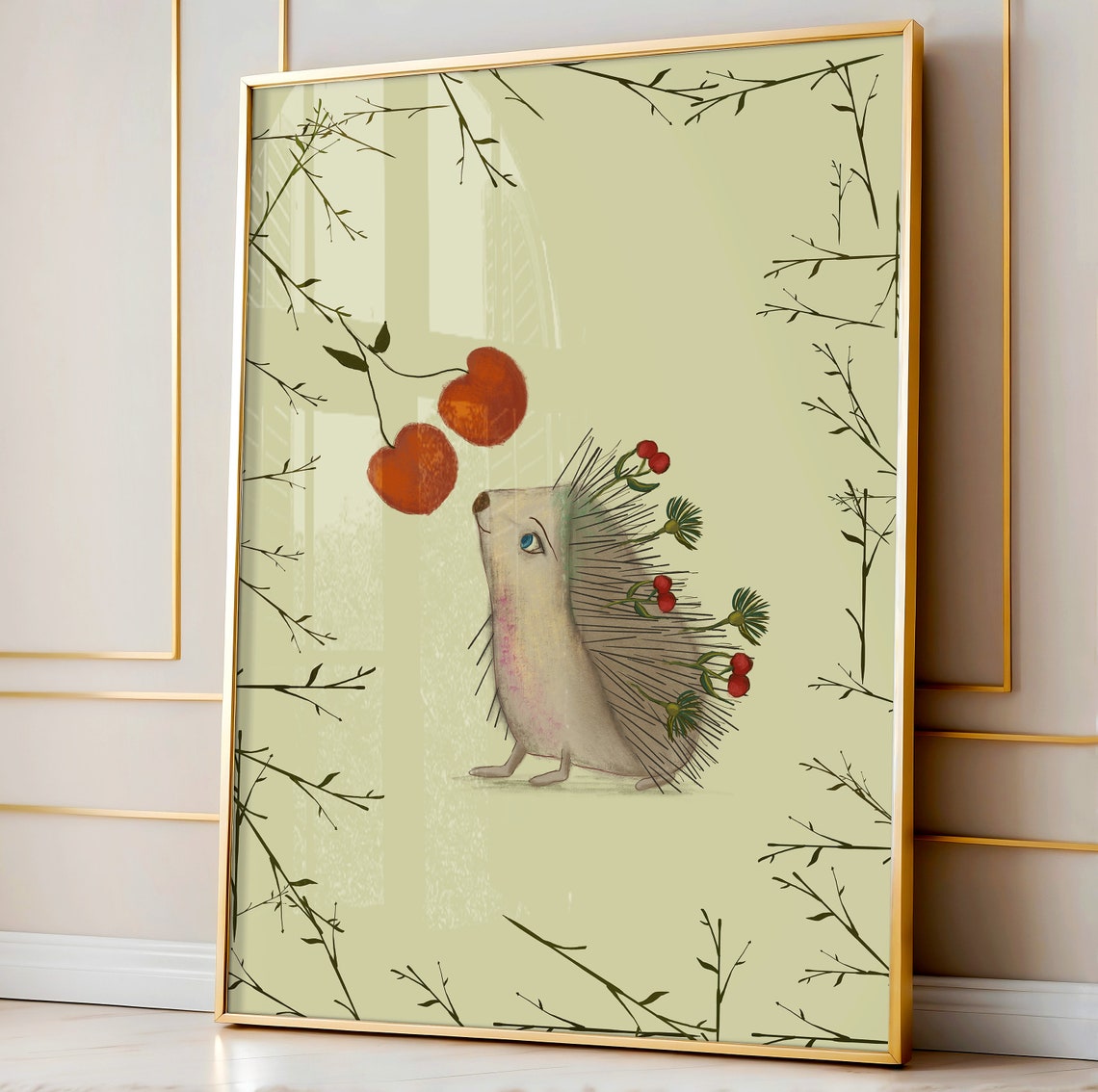 Cute Hedgehog Reaching For Red Apples Woodland Nursery Poster - Image 3