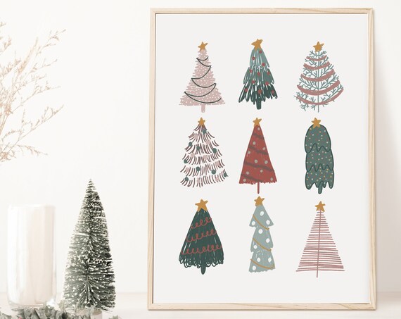 Nine Pastel Christmas Trees Hand Drawn Illustrated Holiday Wall Art