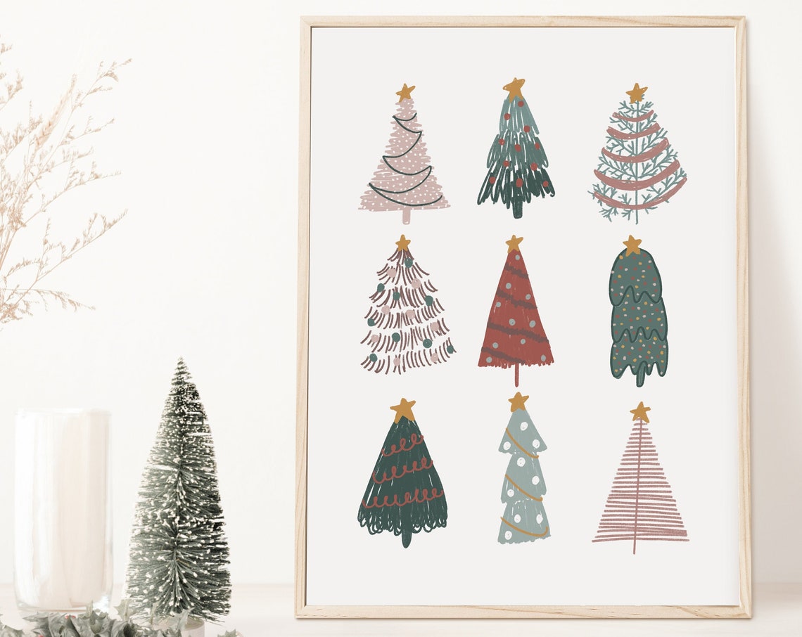 Nine Pastel Christmas Trees Hand Drawn Illustrated Holiday Wall Art
