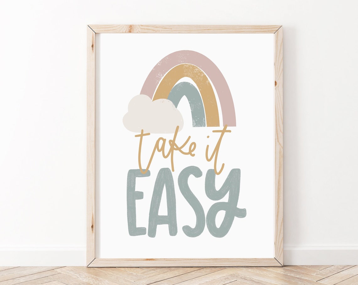 Take It Easy Pastel Rainbow Cloud Boho Nursery Quote Art Poster