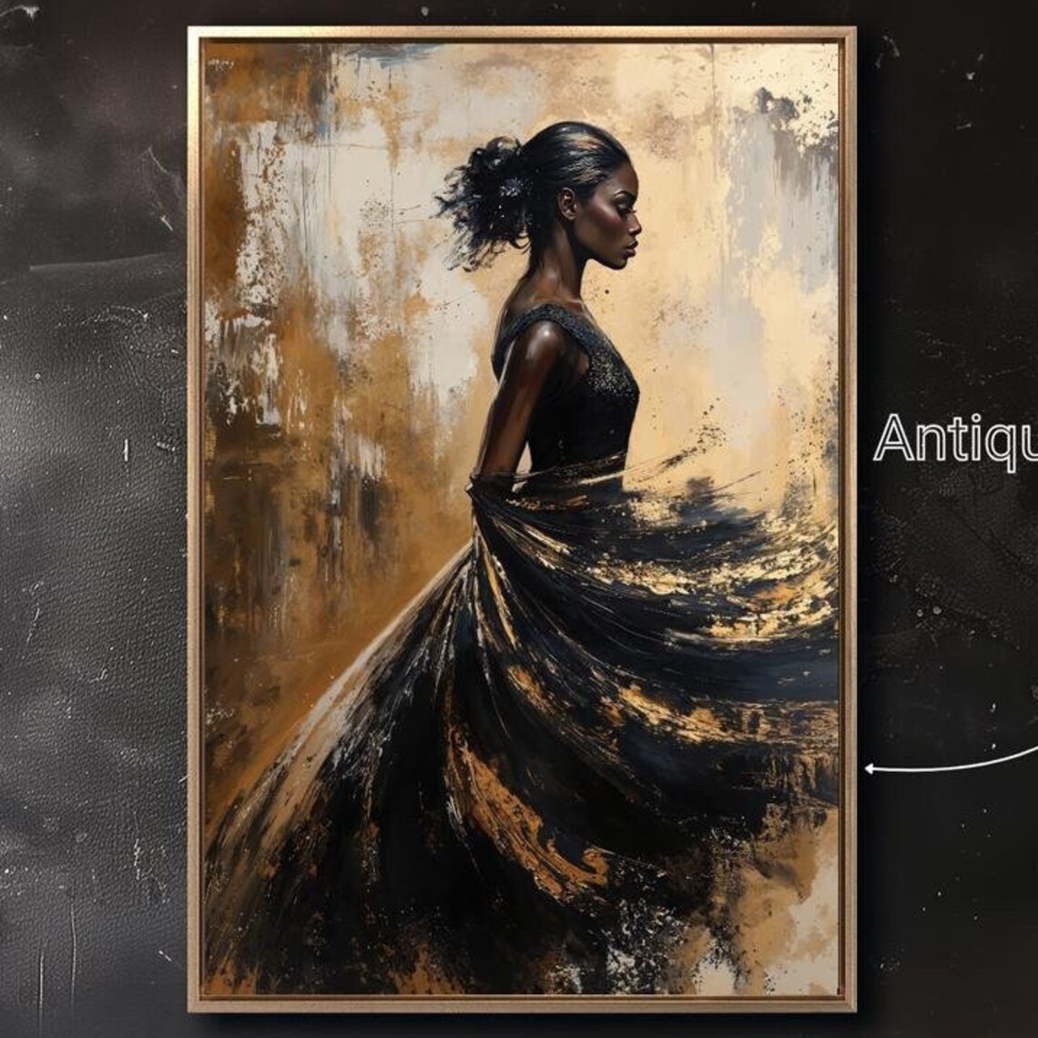 Woman In Flowing Black Gold Dress Profile Elegant Fashion Wall Art Print