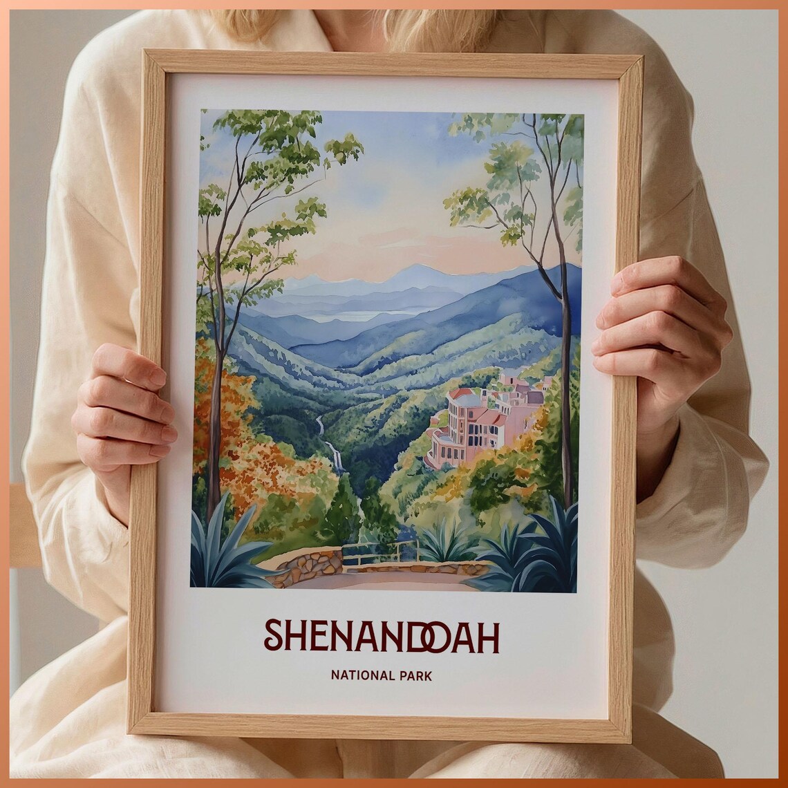 Shenandoah National Park Blue Ridge Overlook Watercolor Travel Poster