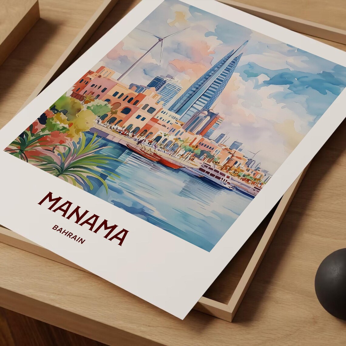 Manama Bahrain Skyline Harbor Towers Watercolor Travel Poster Gulf - Image 2