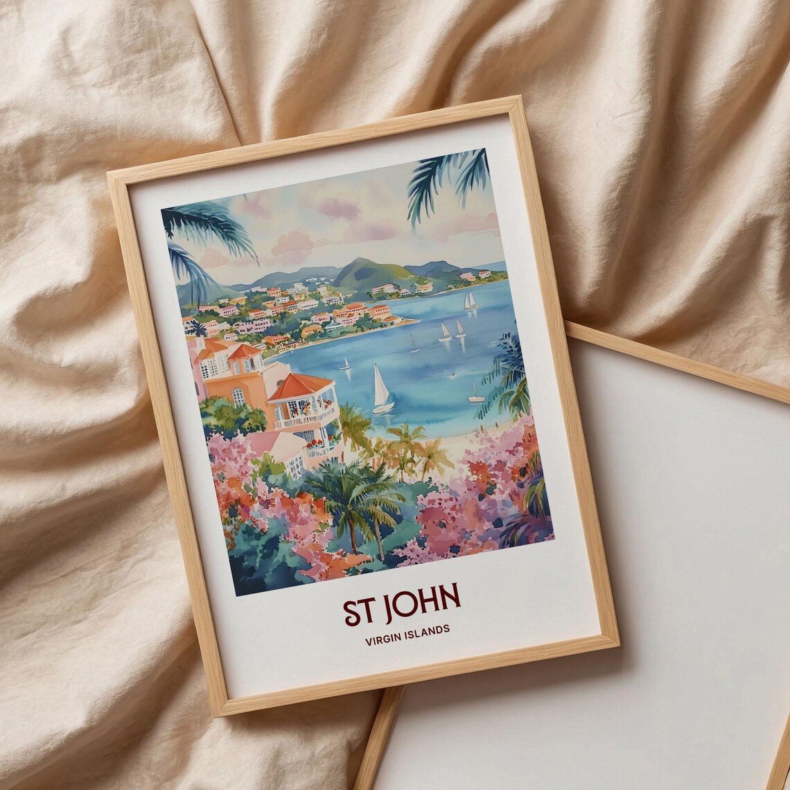 St John Virgin Islands Tropical Bay Sailboats Watercolor Travel Poster - Image 3