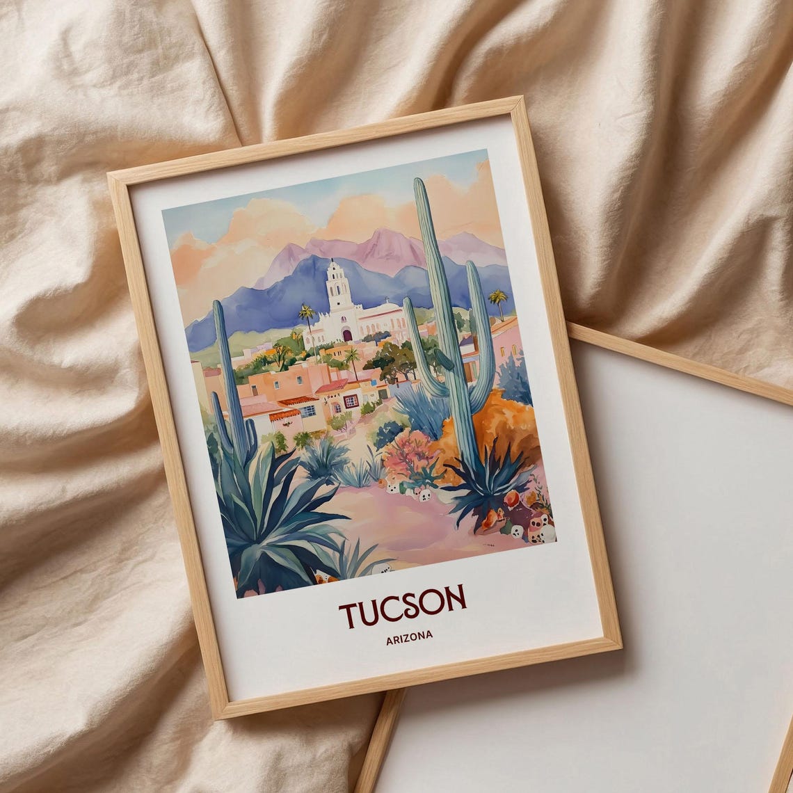 Tucson Desert Saguaro Mission Watercolor Arizona Travel Poster - Image 3
