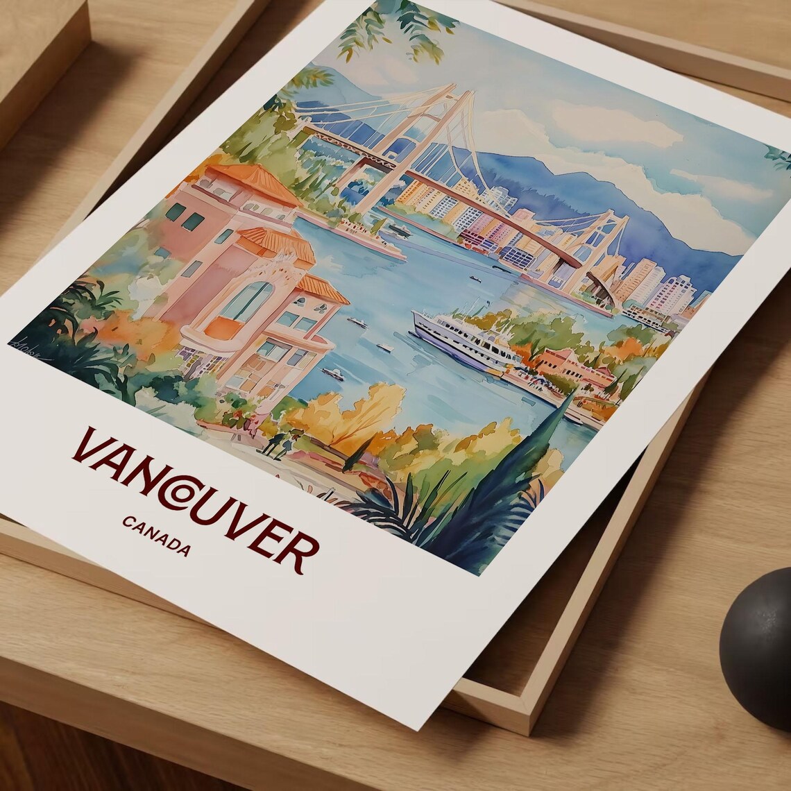 Vancouver Canada Suspension Bridge Harbor Skyline Watercolor Travel Poster - Image 2