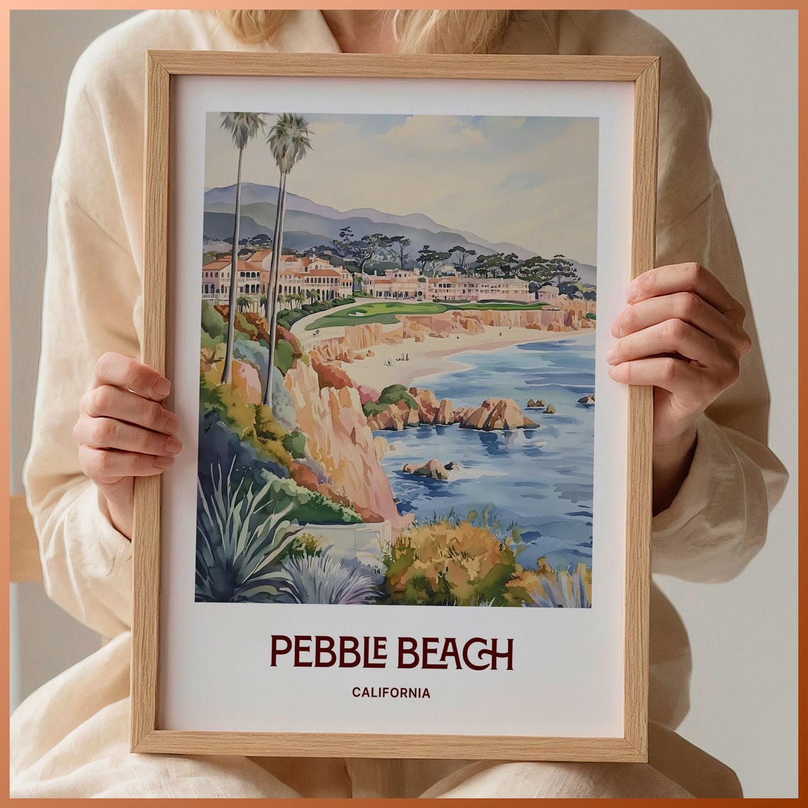 Pebble Beach California Coastal Watercolor Poster Golf Course View