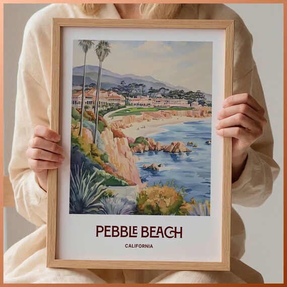 Pebble Beach California Coastal Watercolor Poster Golf Course View