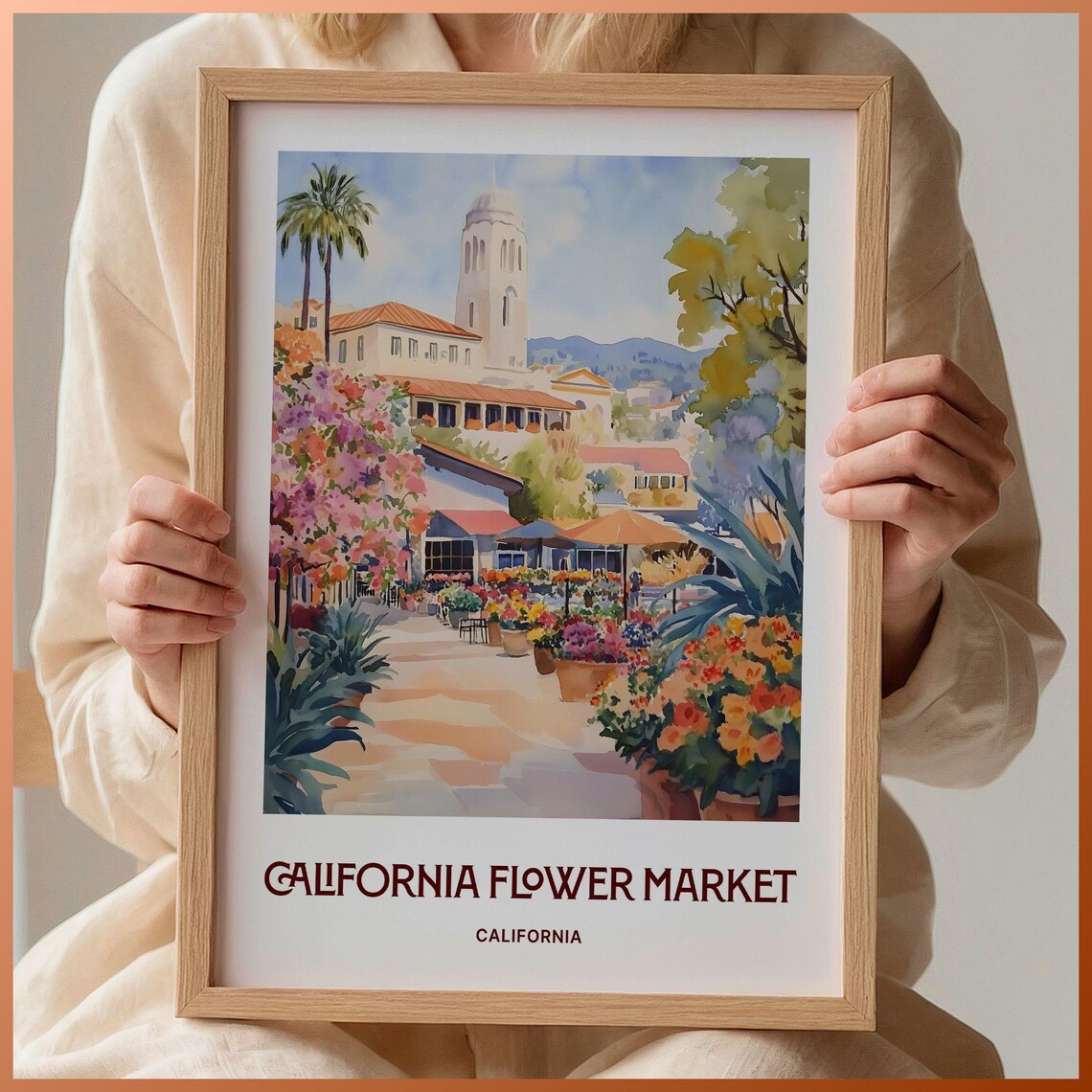 California Flower Market Pastel Botanical Garden Cityscape Poster