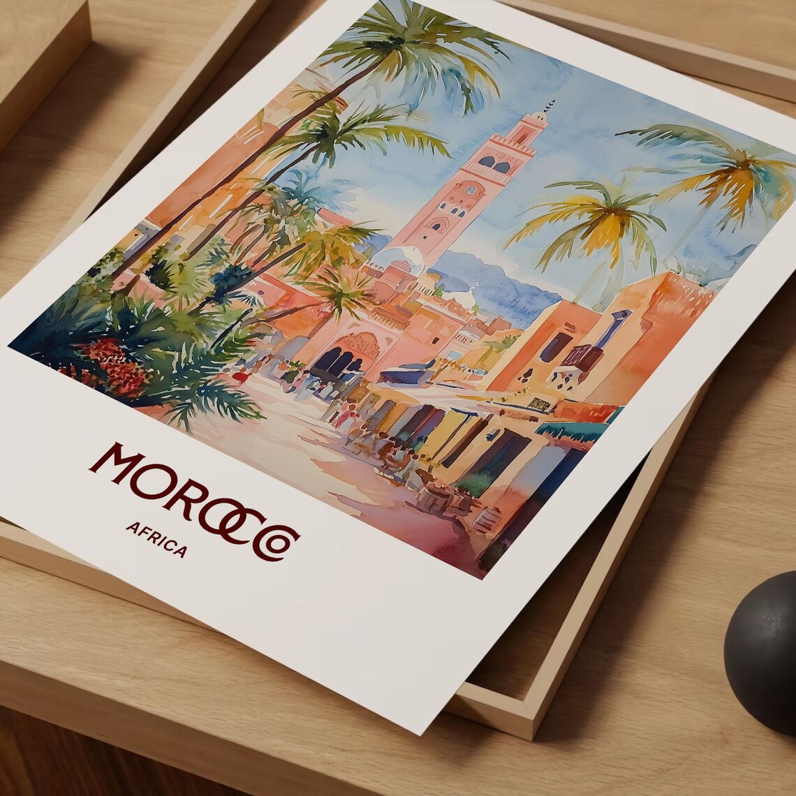 Morocco Africa Marrakech Minaret Bustling Souk Street Palms Poster - Image 2