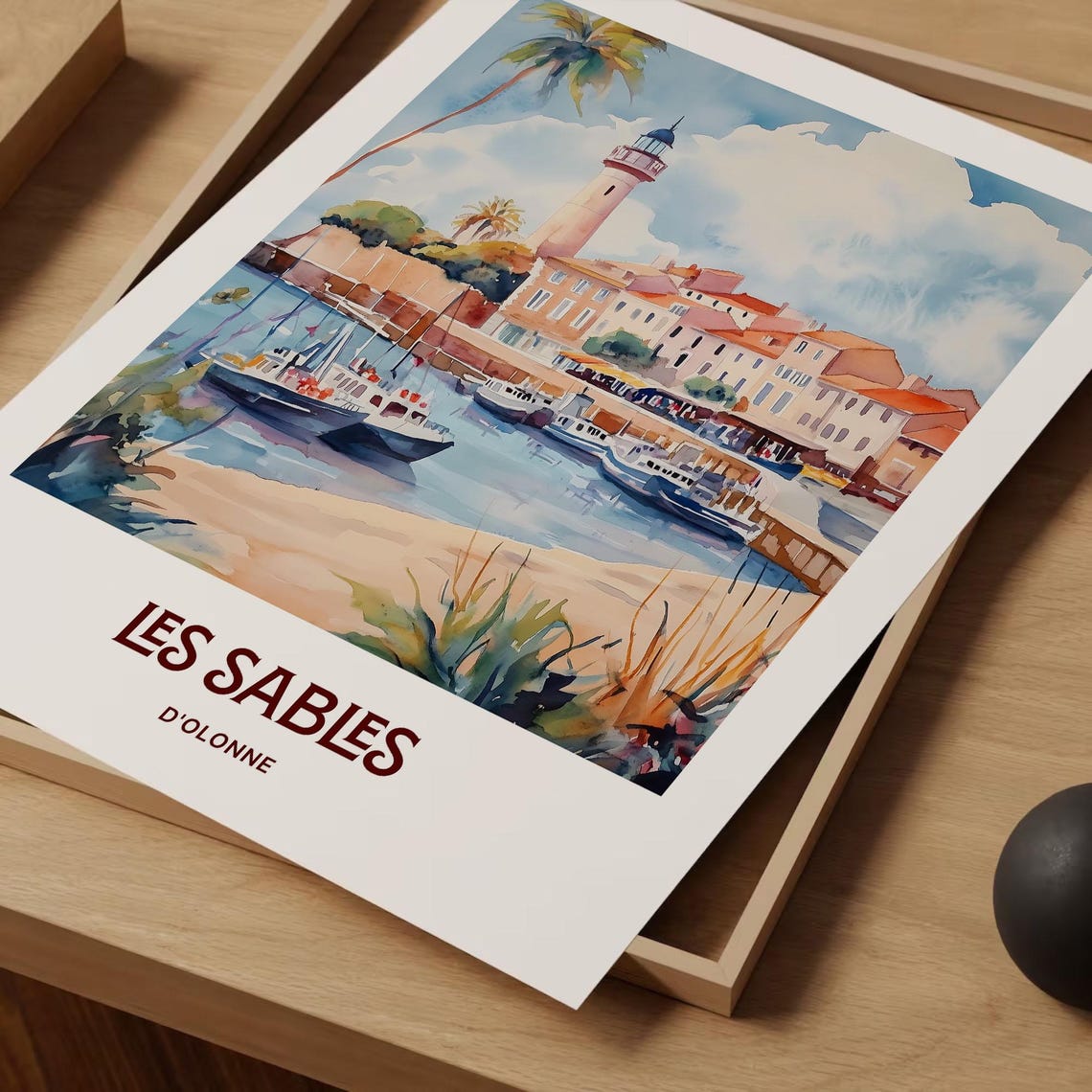 Les Sables Dolonne French Coast Harbor Lighthouse Watercolor Poster - Image 2