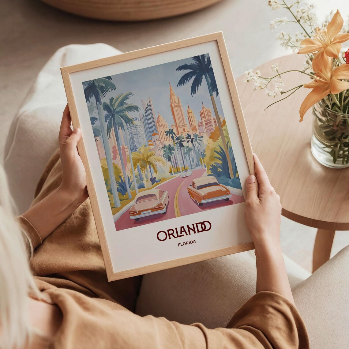 Orlando Florida Retro Skyline Palms Classic Cars Travel Art Poster - Image 5