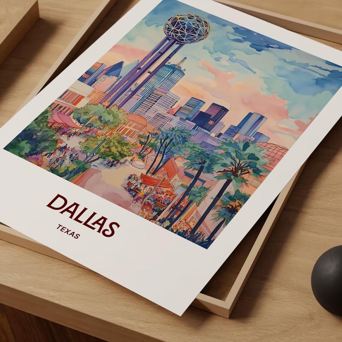 Dallas Texas Downtown Skyline Reunion Tower Watercolor City Poster - Image 2