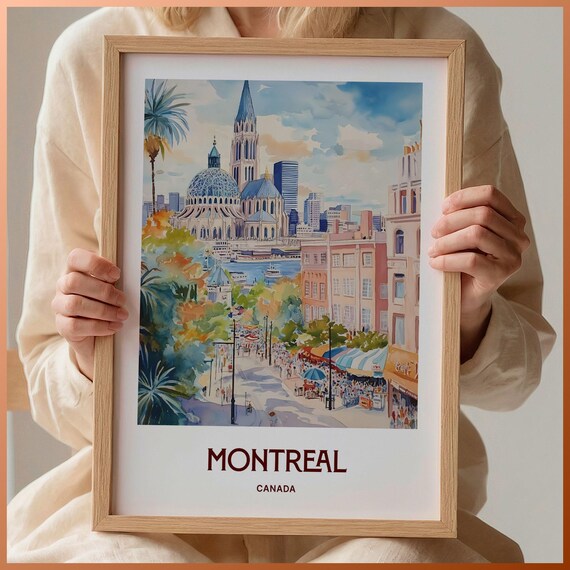 Montreal Canada Watercolor Basilica City Skyline Busy Street Scene Poster