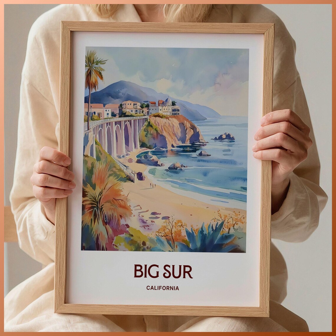 Big Sur California Pastel Bixby Bridge Cliff Beach Scene Poster