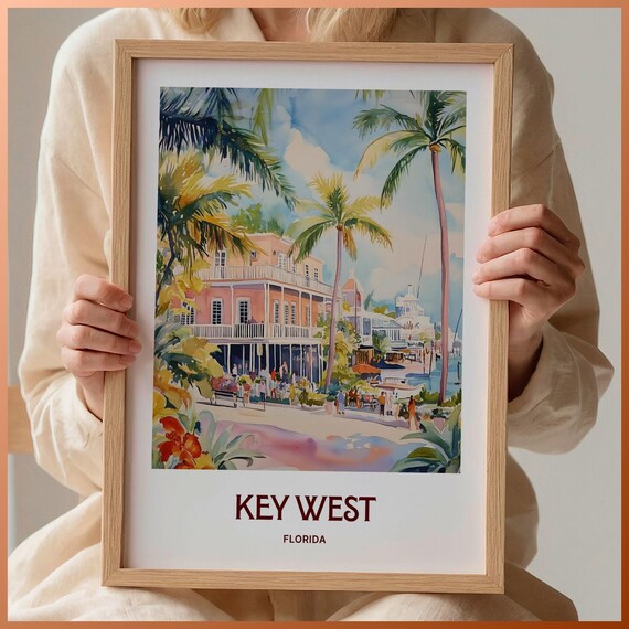 Key West Florida Palm Street Waterfront Watercolor Travel Poster