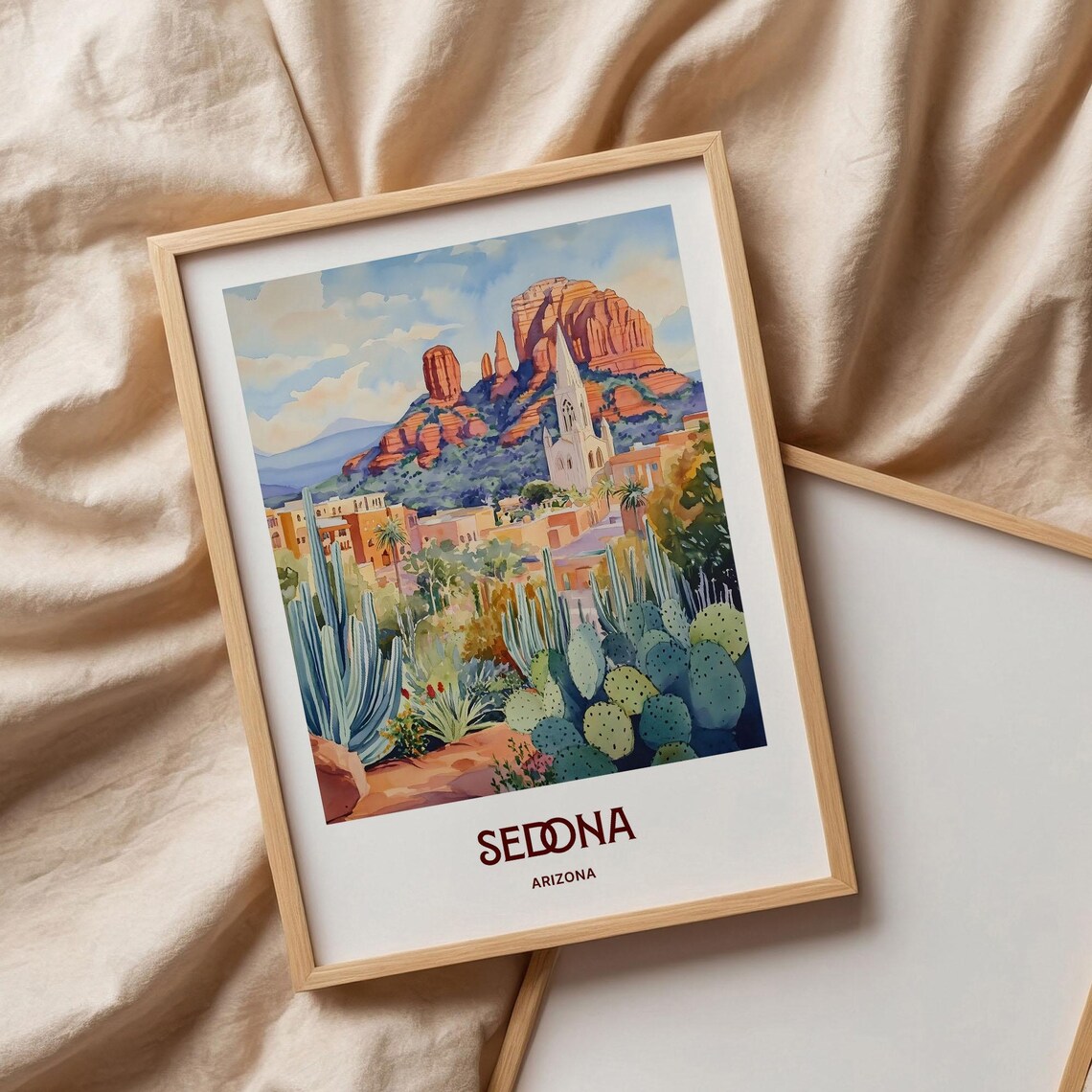 Sedona Arizona Red Rock Chapel Watercolor Poster Desert Cacti - Image 3
