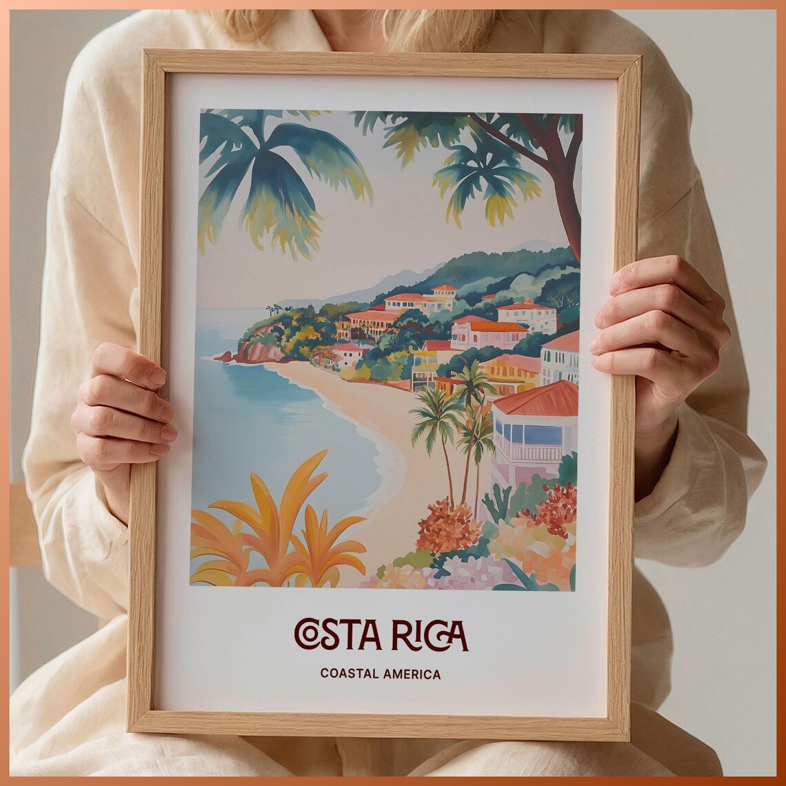 Costa Rica Tropical Beach Town Coast Travel Illustration Poster