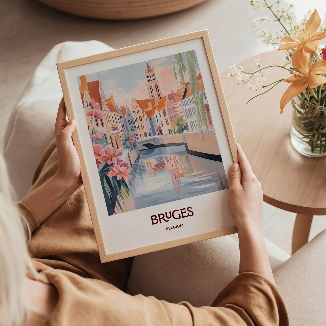 Bruges Belgium Pastel Canal Floral Cityscape Watercolor Poster - Image 5
