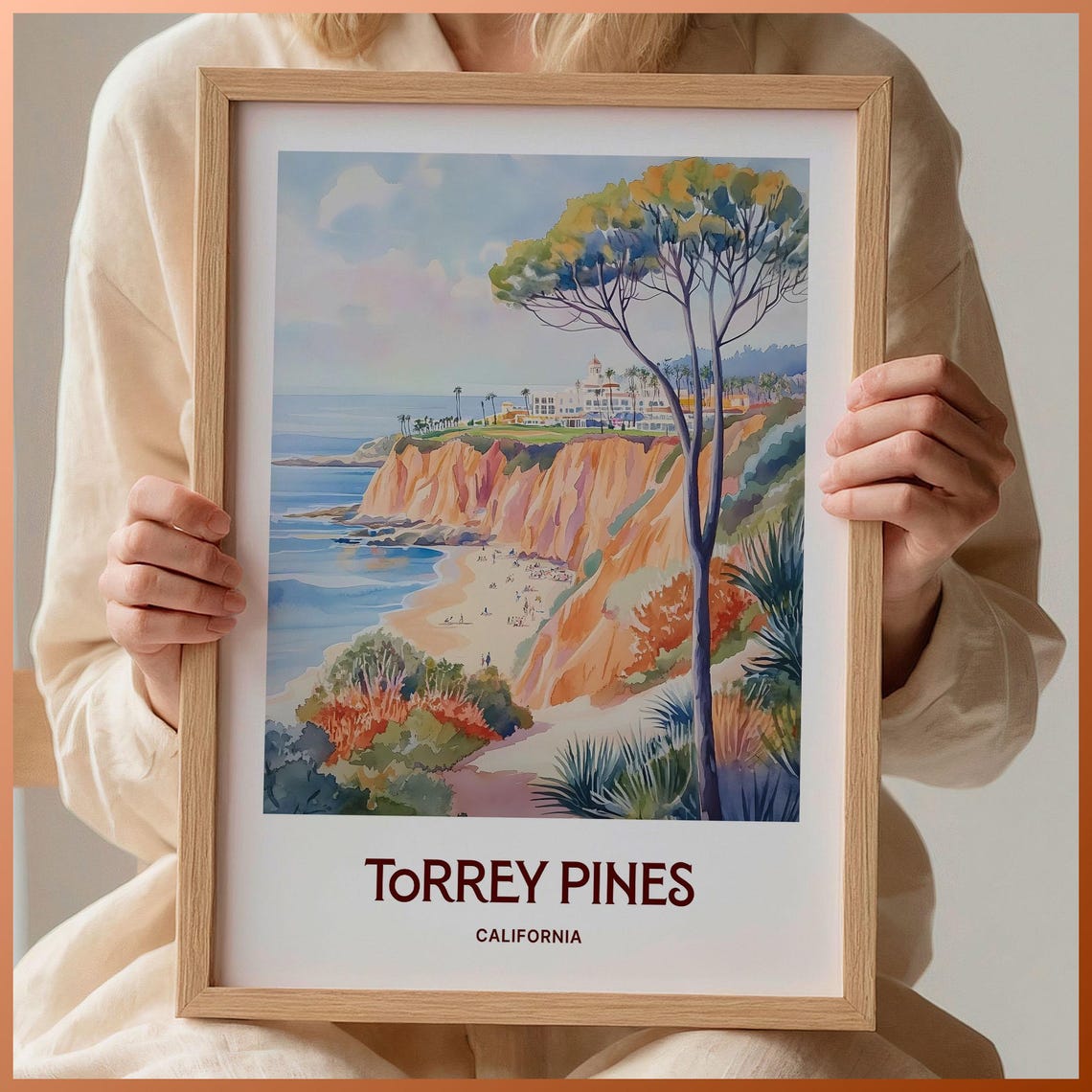 Torrey Pines Cliffs Beach Watercolor Travel Poster San Diego