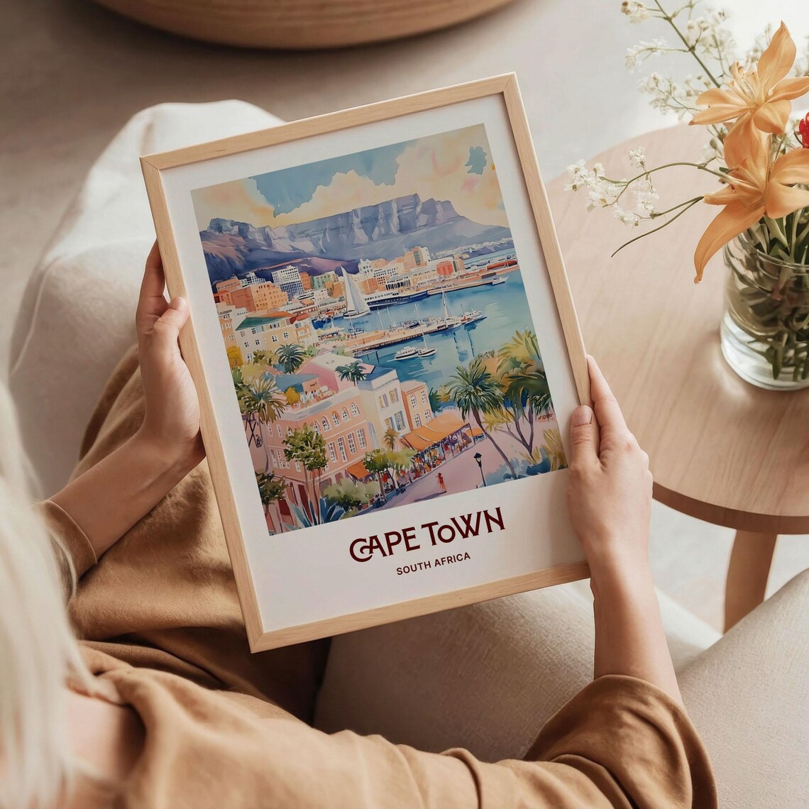 Cape Town South Africa Table Mountain Harbor Watercolor Travel Poster - Image 5