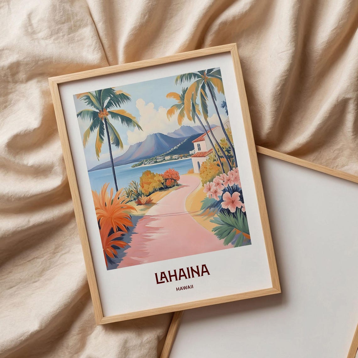 Lahaina Hawaii Tropical Bay Palm Trees Hibiscus Travel Art Poster - Image 3